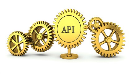 Interconnected Gears: A series of interlocking gears, representing the complex interactions and integrations of APIs. "API" ,isolate on white background 