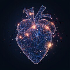 abstract digital of human heart with polygonal illustration of lines and glowing dots