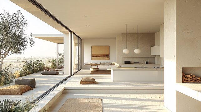 A modern, white minimalist kitchen with sleek countertops, simple pendant lights, and a clean, open layout