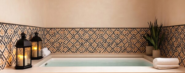 Moroccan-inspired spa suite with intricate tilework, lanterns, and an opulent bath
