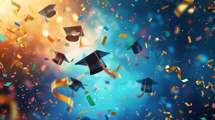 Naklejka premium Exciting illustration of graduation caps and confetti soaring in celebration of academic achievement