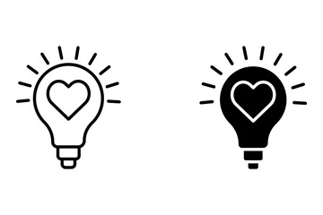 Black light bulb icon with heart sign, white background line symbol