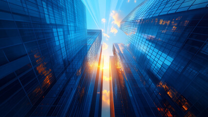 Fototapeta premium Blue Skyline: Modern Corporate Towers with Sunlit Reflections