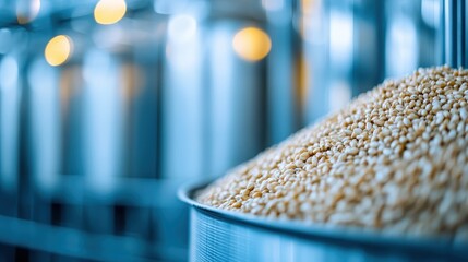 Close-up of a large quantity of grains stored in a contemporary industrial setting with metallic containers, representing efficient agricultural processes and storage technology.
