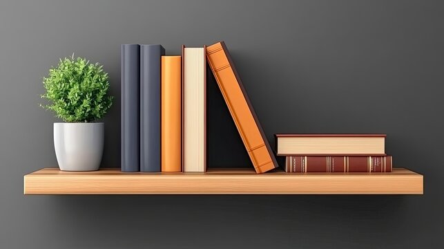 Wooden floating shelves feature an elegant arrangement of books and decorative plants, enhancing the minimalist aesthetic of the beige wall in a cozy space