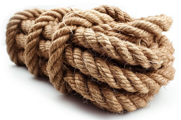 A photograph of jute ropes in various sizes and weights on a white background, for product photography and packaging.Brown jute rope in rolls and thick strands of different sizes