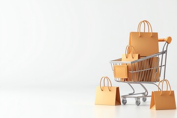 Shopping cart filled with brown paper bags on a white background