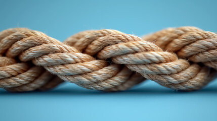 A photograph of jute ropes in various sizes and weights on a white background, for product photography and packaging.Brown jute rope in rolls and thick strands of different sizes