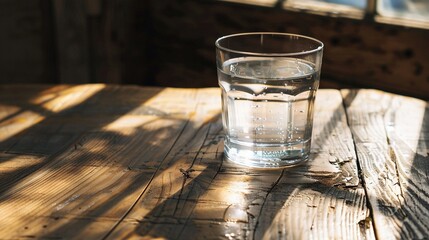   A glass of water sits on a wooden table with sunlight streaming from the window next to it