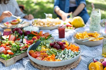 Vibrant outdoor picnic with fresh fruits and salads