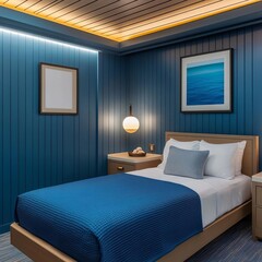 Spa suite with calming blue hues, ocean-inspired decor, and warm lighting