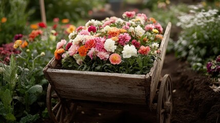 A rustic wooden garden barrow filled with colorful dahlias in shades of pink, orange, and white, set in a floral garden environment, representing gardening passion and beauty.