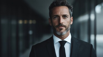 A man stands confidently in a dim corridor wearing a dark suit, embodying professionalism and focus, set against an atmospheric, blurred background.
