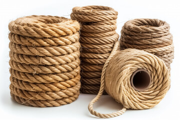 Obraz premium A photograph of jute ropes in various sizes and weights on a white background, for product photography and packaging.Brown jute rope in rolls and thick strands of different sizes