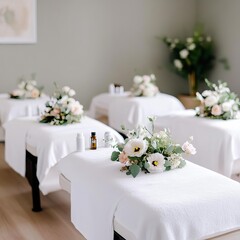 Spa suite with delicate floral arrangements, white linens, and essential oil diffusers