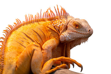 Portrait side view of a gold chameleon, Chamaeleo calyptratus on dry tree branch, isolated on transparent background. PNG File