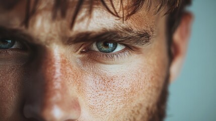 Fototapeta premium This image shows a detailed close-up view of the right ear and part of the head of a man, highlighting the texture of the ear and hair against a blurred blue background.