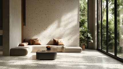 Modern minimalist living room with terrazzo floor, grey and white scheme, window seat, sofa, and sunlight through large black-framed windows.