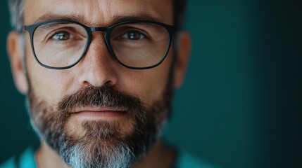 A confident man with glasses showing determination and focus. The minimal and sleek backdrop highlights his focus and modern, ambitious aura in the room.
