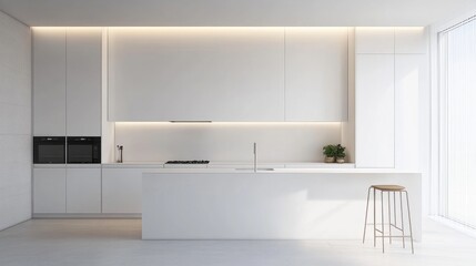 Minimalist kitchen design with all-white cabinetry, integrated appliances, and a clean, clutter-free countertop space. 5a401ae0dd20