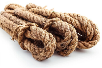 A photograph of jute ropes in various sizes and weights on a white background, for product photography and packaging.Brown jute rope in rolls and thick strands of different sizes
