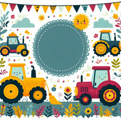 Creative frame with tractors in children style. Fun heavy machinery, agricultural vehicles