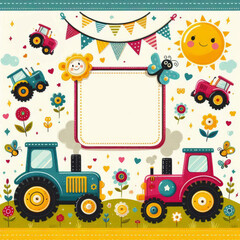 Creative frame with tractors in children style. Fun heavy machinery, agricultural vehicles