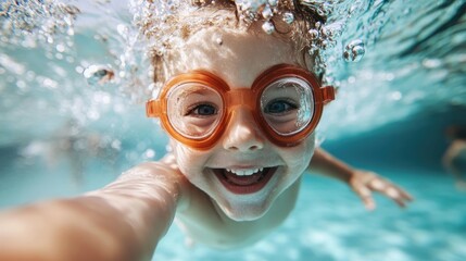 A kid dives underwater with orange goggles, smiling happily. The bubbling water around captures a playful and adventurous spirit enhancing the frame.