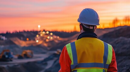 Obraz premium Construction Worker Overlooking Site at Sunset with Heavy Machinery in the Background