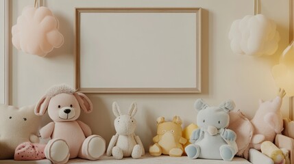Nursery interior with a mock-up frame above a changing table, surrounded by cute stuffed animals, pastel tones, and soft lighting.