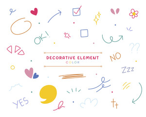 A set of decorative element. Hand drawn doodle. Simple Flat Symbol Icon. sparkle, flower, love, arrow, ok, checklist.