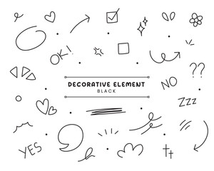 A set of decorative element. Hand drawn doodle. Simple Flat Symbol Icon. sparkle, flower, love, arrow, ok, checklist.