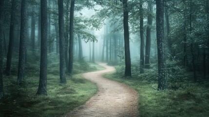 Fototapeta premium Serene Forest Pathway Winding Through Misty Woods on a Tranquil Morning