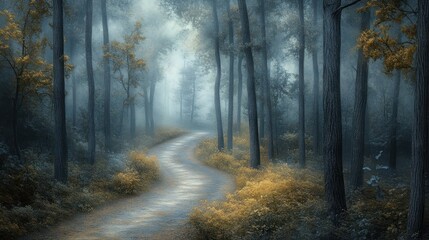 Obraz premium Enchanting Forest Pathway with Misty Atmosphere and Golden Foliage in Early Morning Light