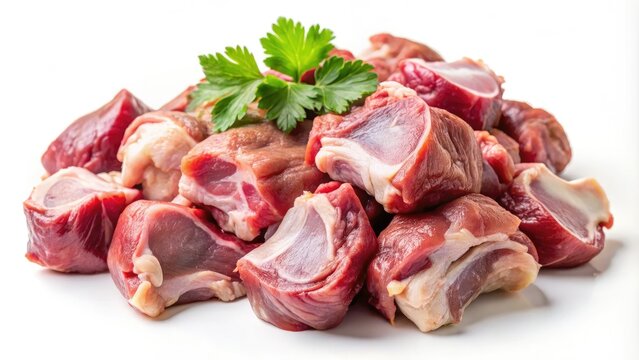 A bounty of raw turkey giblets - neck, gizzard, liver, and heart - laid out on a pristine white surface, subtly blurred in the background.