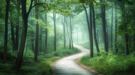 Obraz premium Serene Forest Pathway in Morning Mist with Lush Greenery and Tall Trees
