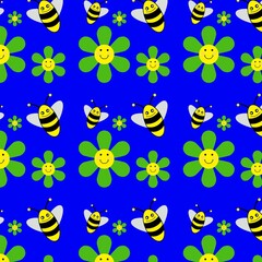 Bee and flower stitched fabric pattern