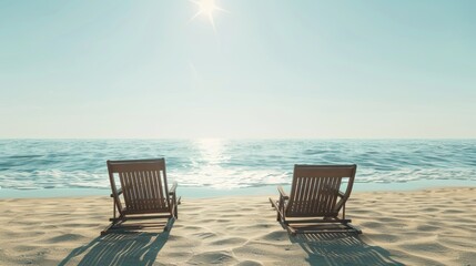 Serene beach chairs on soft sand with tranquil ocean and clear sky evoking calmness and relaxation