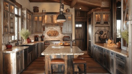 Rustic kitchen with distressed wood cabinets, stone countertops, and vintage-inspired lighting, evoking a cozy, country charm.
