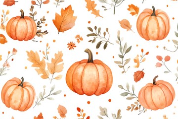 A watercolor painting of pumpkins and leaves with a fall theme. The pumpkins are orange and the leaves are yellow