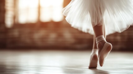 A detailed view of a ballerina's feet en pointe, showcasing the dedication and artistry of ballet...