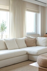Cozy Modern Living Room with White Sofa and Natural Light from Large Windows