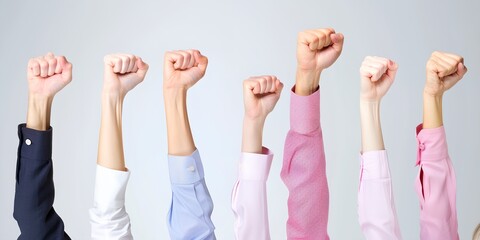 Fototapeta premium A group of people are holding up their hands in a fist, with some wearing pink shirts. Concept of unity and solidarity, as the people are all working together towards a common goal