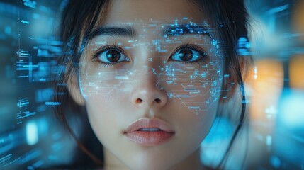 Woman with Digital Interface Overlaying Her Face