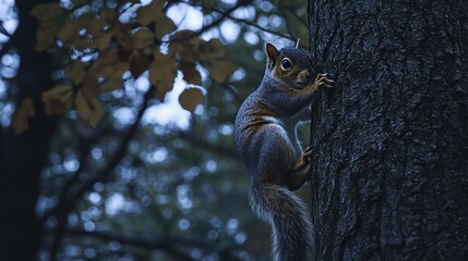 Fototapeta premium A squirrel perched on a tree trunk amidst a woodland scene with surrounding trees