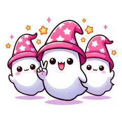 Obraz premium Cute and cheerful ghosts in magical pink hats. Whimsical Halloween illustration featuring three friendly ghosts, ideal for charming holiday decor.