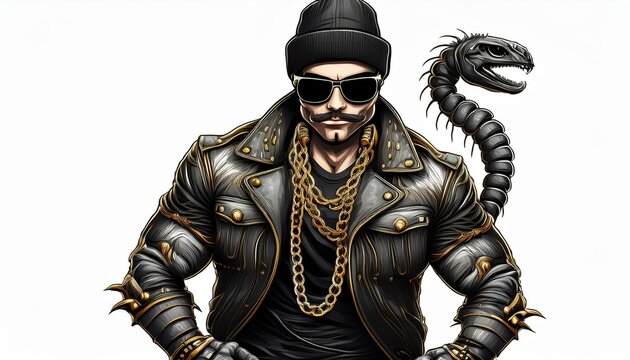 Skorpion Mann mit Leder Jacke Sonnenbrille Gold Ketten