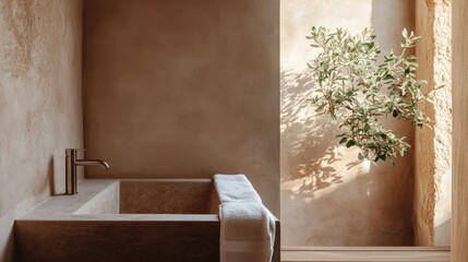 A minimalist bathroom featuring a square stone bathtub, soft natural light, and a plant, creating a harmonious balance of simplicity, warmth, and tranquility.