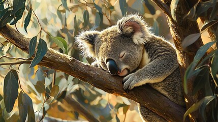 Fototapeta premium A koala sleeping in a tree, resting its head on a branch, with its eyes closed