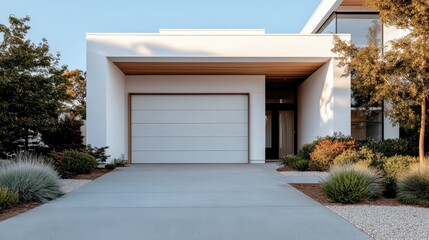 A stylish modern white house with a matching garage door and a meticulously maintained garden, showcasing contemporary residential design and careful landscaping.
